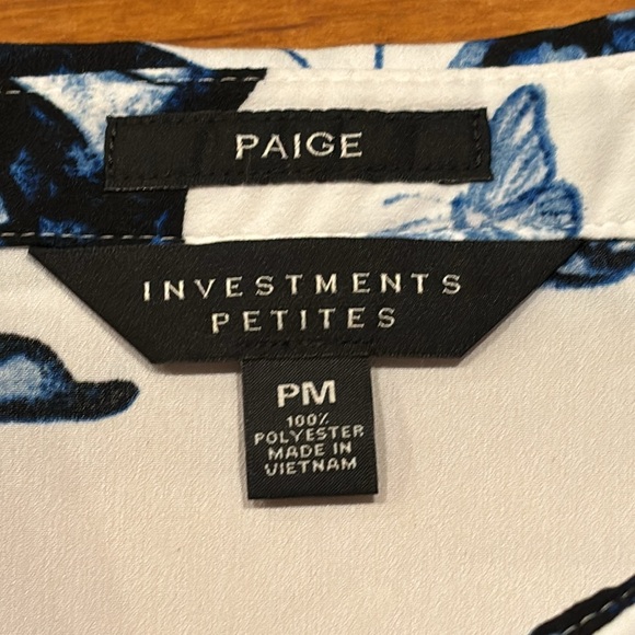 PAIGE BLOUSE TUNIC COLLAR 3/4 SLEEVE WHITE INDIGO BUTTERFLY SIDE FLAP SIZE PM - Picture 3 of 8